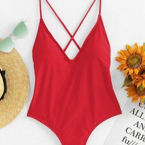 Red one piece swimsuit!
